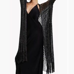 NEW SAACHI Black Asymmetrical Embellished Mesh Long Sleeve Wrapper Sweater